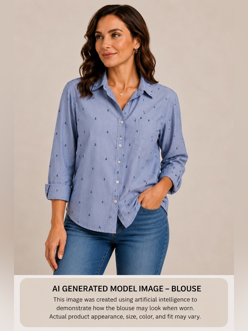 J. Crew Women's Cotton Shirt Light Blue with Navy Anchors Fine Stripe